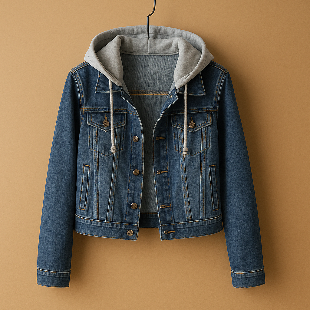 Denim jacket with hood for women in light blue and dark blue, lightweight breathable design with front pockets for casual summer wear.