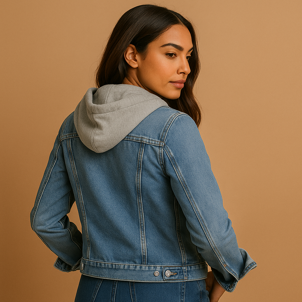 Denim jacket with hood for women in light blue and dark blue, lightweight breathable design with front pockets for casual summer wear.