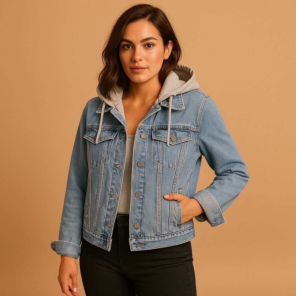 Denim jacket with hood for women in light blue and dark blue, lightweight breathable design with front pockets for casual summer wear.