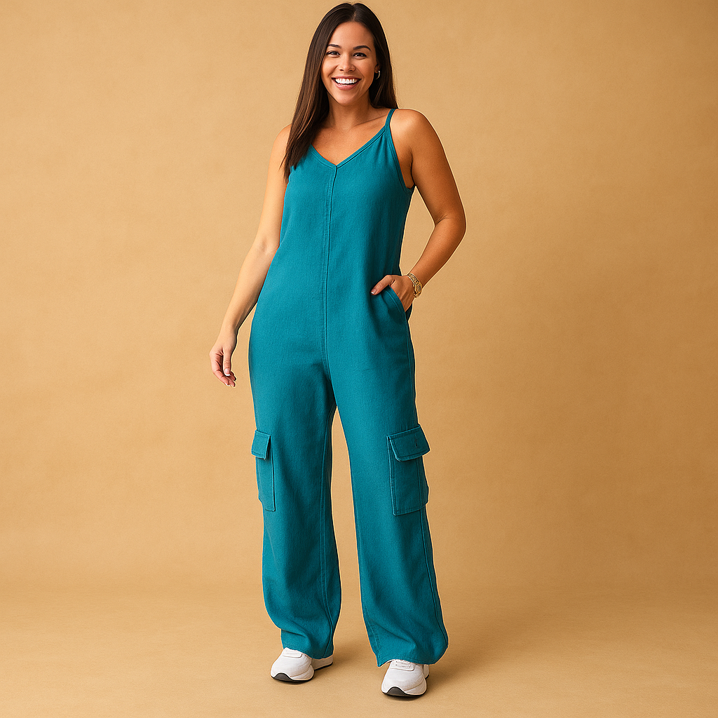 Denim V-neck jumpsuit for women with open back and crossed straps, made from 100% cotton, perfect for summer festivals and casual wear.