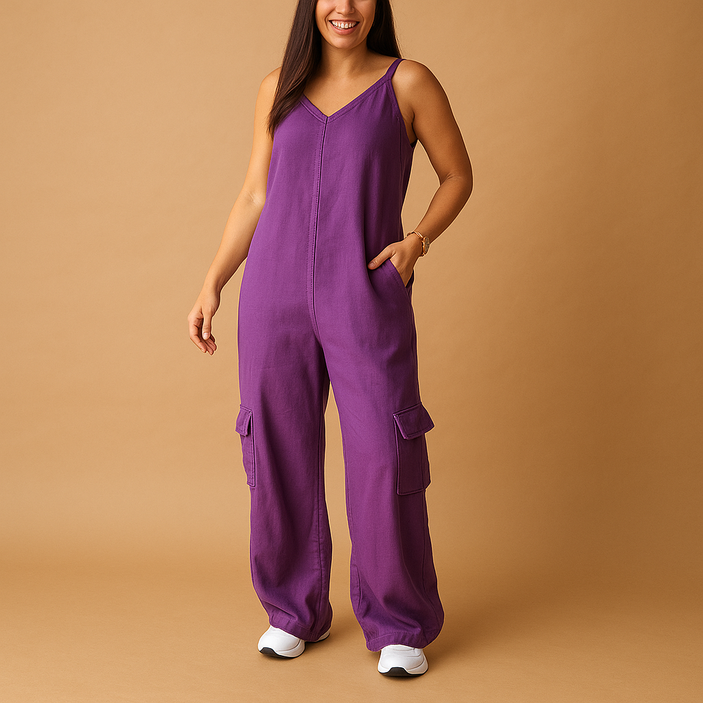 Denim V-neck jumpsuit for women with open back and crossed straps, made from 100% cotton, perfect for summer festivals and casual wear.