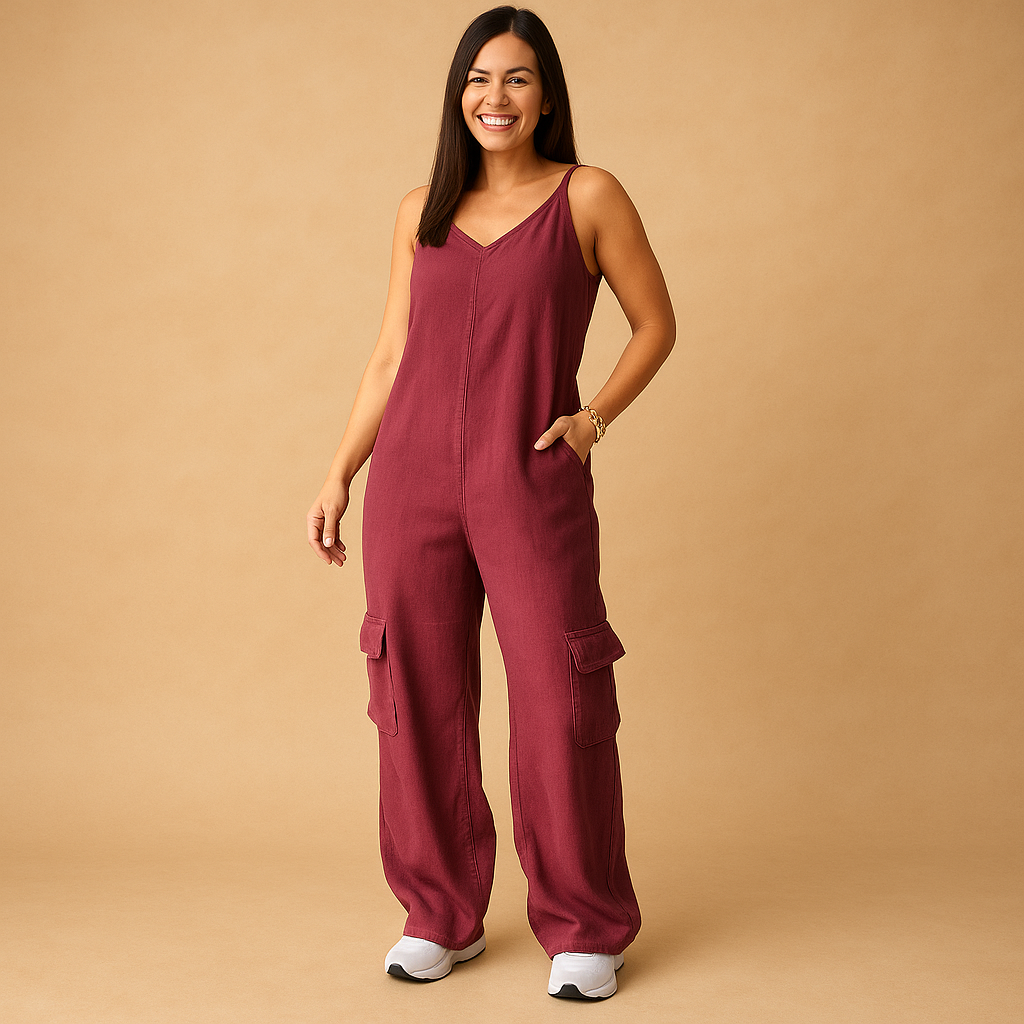 Denim V-neck jumpsuit for women with open back and crossed straps, made from 100% cotton, perfect for summer festivals and casual wear.