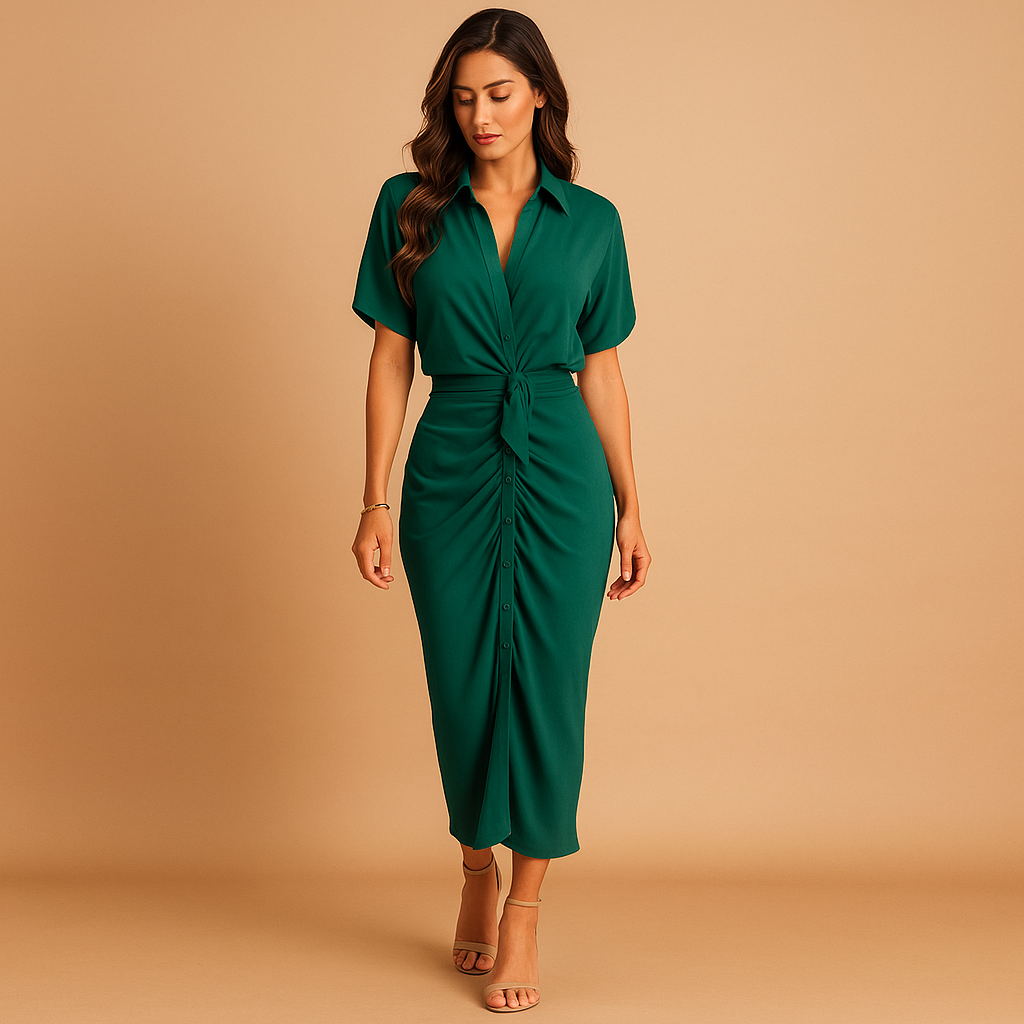 Elegant ankle-length dress for women with a V-neck and draped design, perfect for galas, evening parties, and formal occasions.