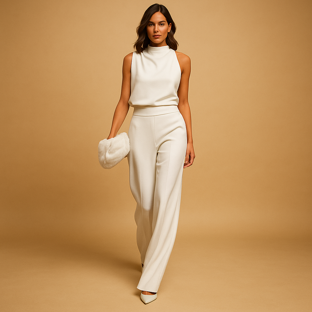 Women’s elegant halter jumpsuit with wide legs, high waist, and decorative bow, perfect for summer evenings, parties, and special occasions.