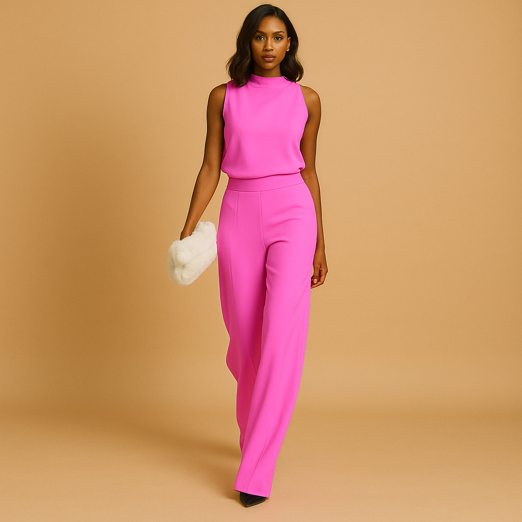 Women’s elegant halter jumpsuit with wide legs, high waist, and decorative bow, perfect for summer evenings, parties, and special occasions.