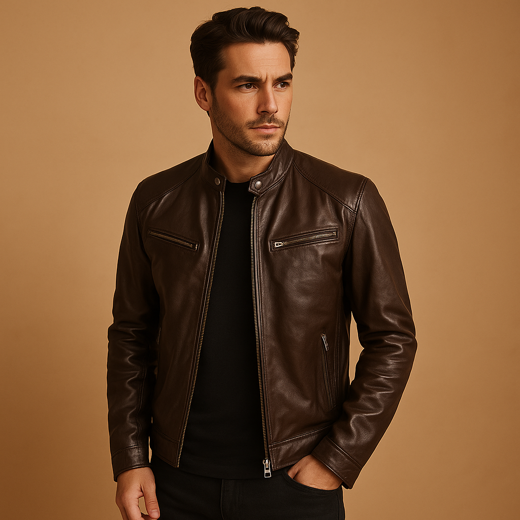 Men’s elegant leather mid-season jacket in PU leather, ideal for casual and formal outfits during spring or autumn.