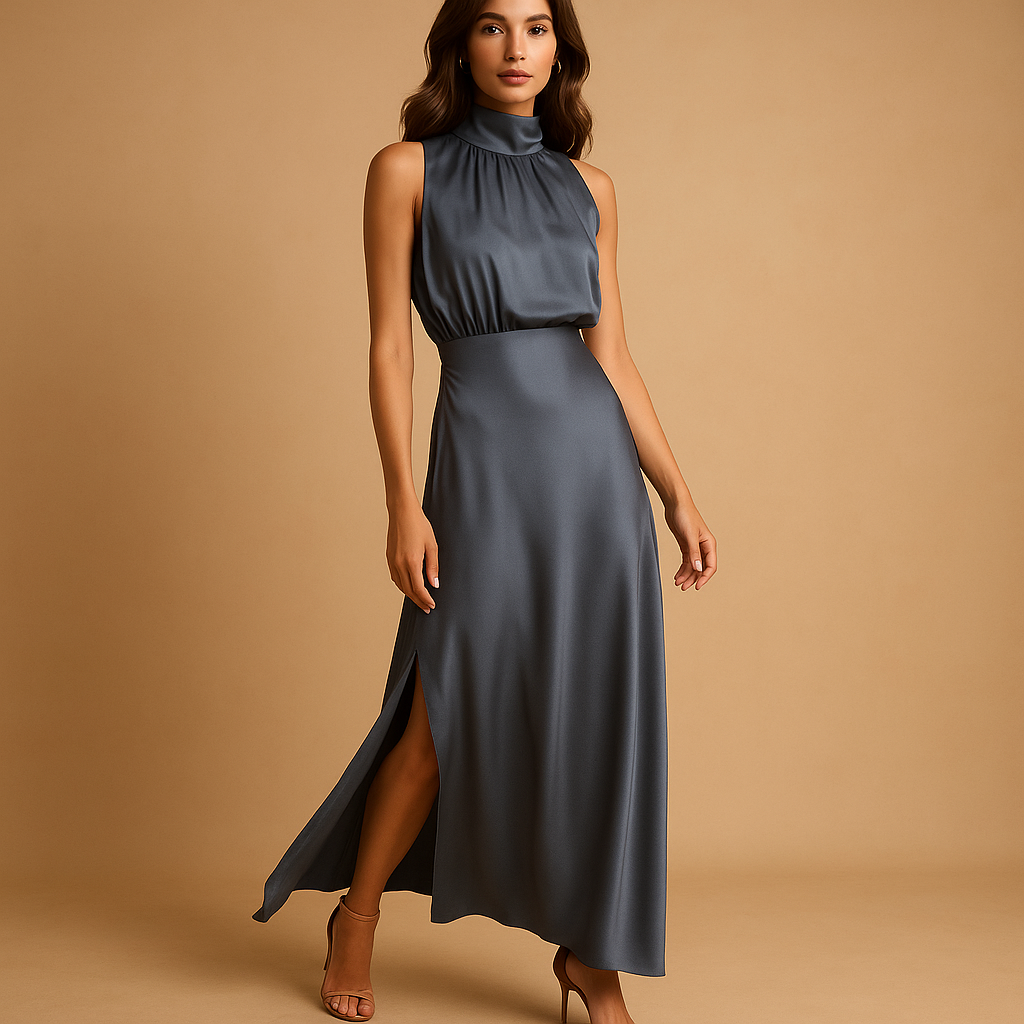 Elegant maxi dress with slit for women, featuring a flattering fit and breathable fabric, perfect for summer and special occasions.