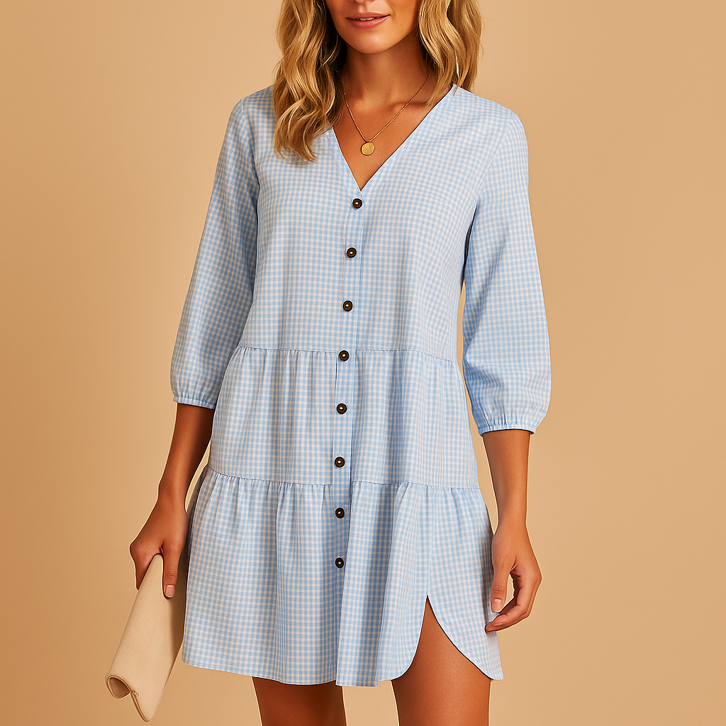 Elegant midi summer dress for women with three-quarter sleeves and lightweight fabric, perfect for work, casual wear, or evening events.