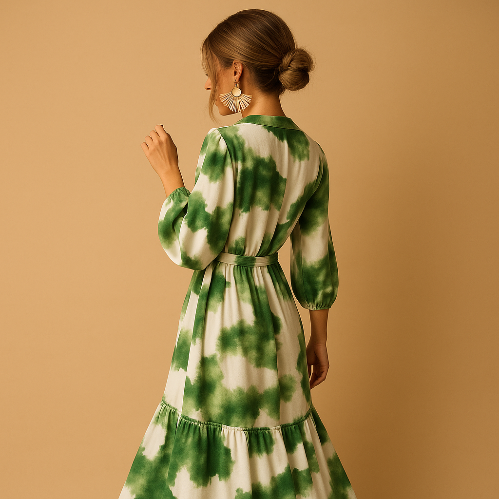 Women’s elegant V-neck maxi dress with long sleeves and flowing fit, ideal for formal events, romantic evenings, and festive occasions.