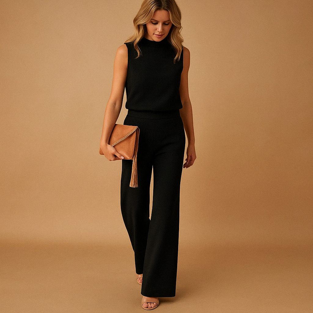 Women’s elegant wide-leg jumpsuit with a round neckline and mid-waist fit, perfect for work, evenings, or special occasions.