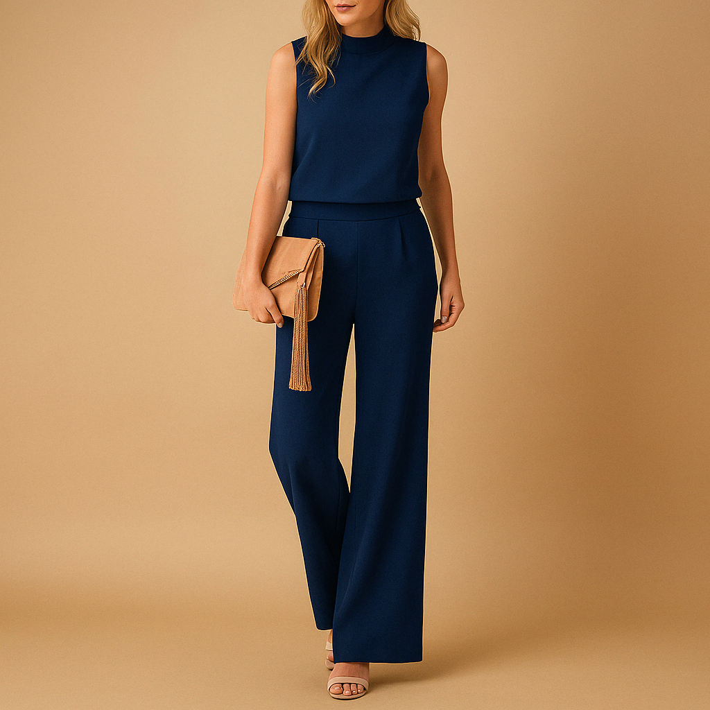 Women’s elegant wide-leg jumpsuit with a round neckline and mid-waist fit, perfect for work, evenings, or special occasions.