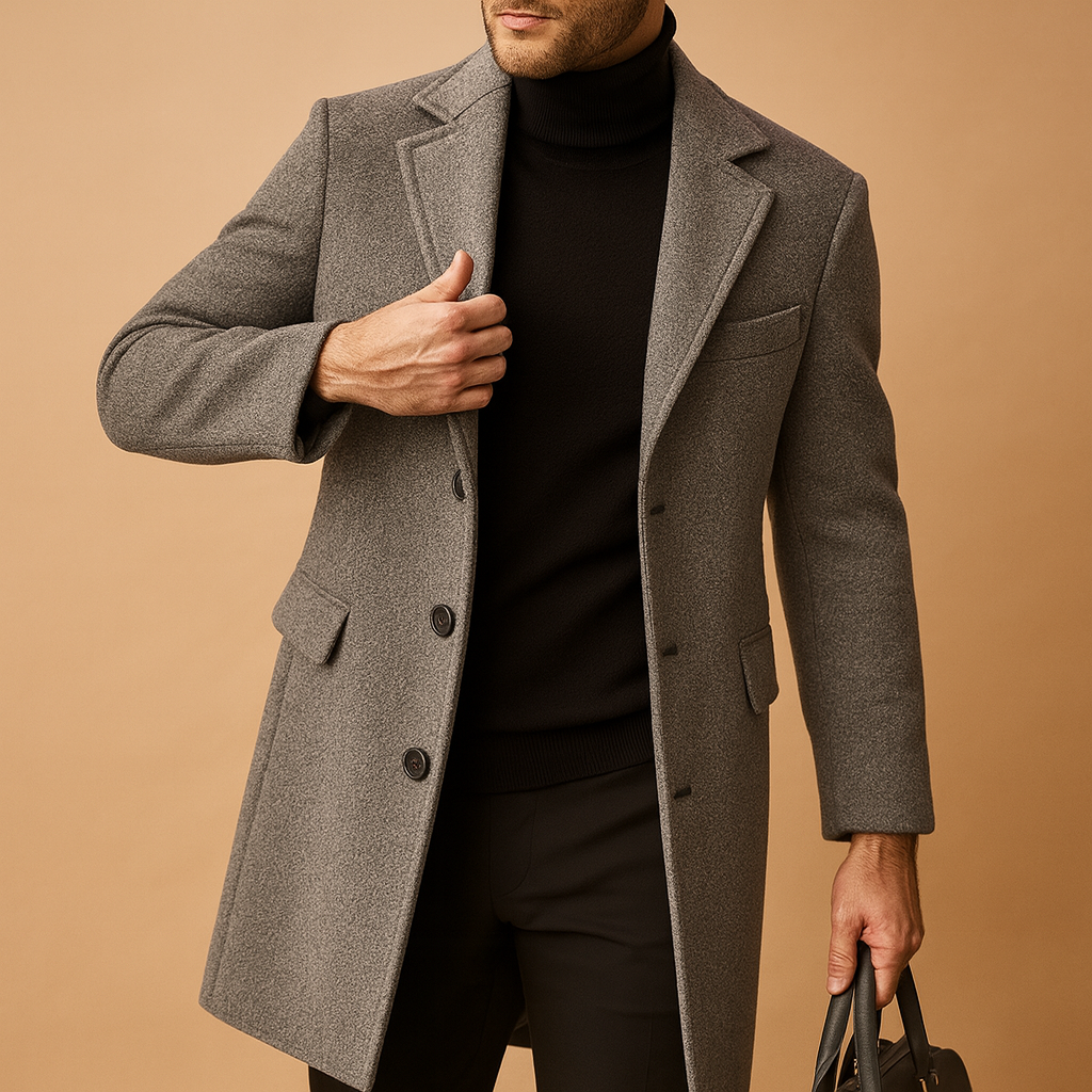 Men’s elegant winter coat with relaxed fit and warm insulation, suitable for formal occasions, daily wear, and cold autumn or winter days.