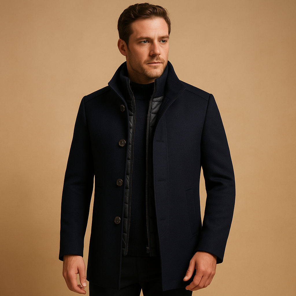Men’s elegant wool coat with slim single-breasted fit and refined mandarin collar. Perfect for formal occasions and daily winter wear.