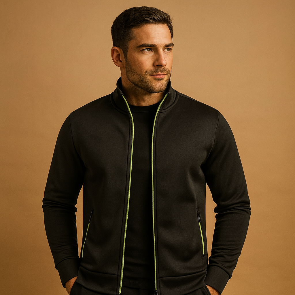 Men’s elegant zip cardigan with hidden pockets and hand-finished details, perfect for stylish comfort in business or casual settings.