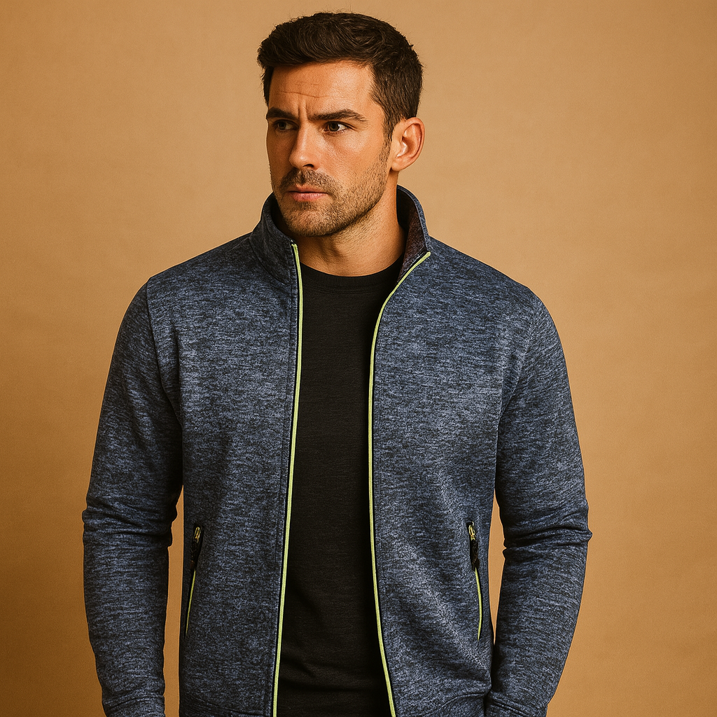 Men’s elegant zip cardigan with hidden pockets and hand-finished details, perfect for stylish comfort in business or casual settings.