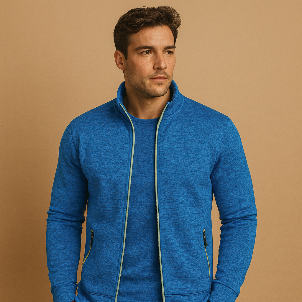 Men’s elegant zip cardigan with hidden pockets and hand-finished details, perfect for stylish comfort in business or casual settings.