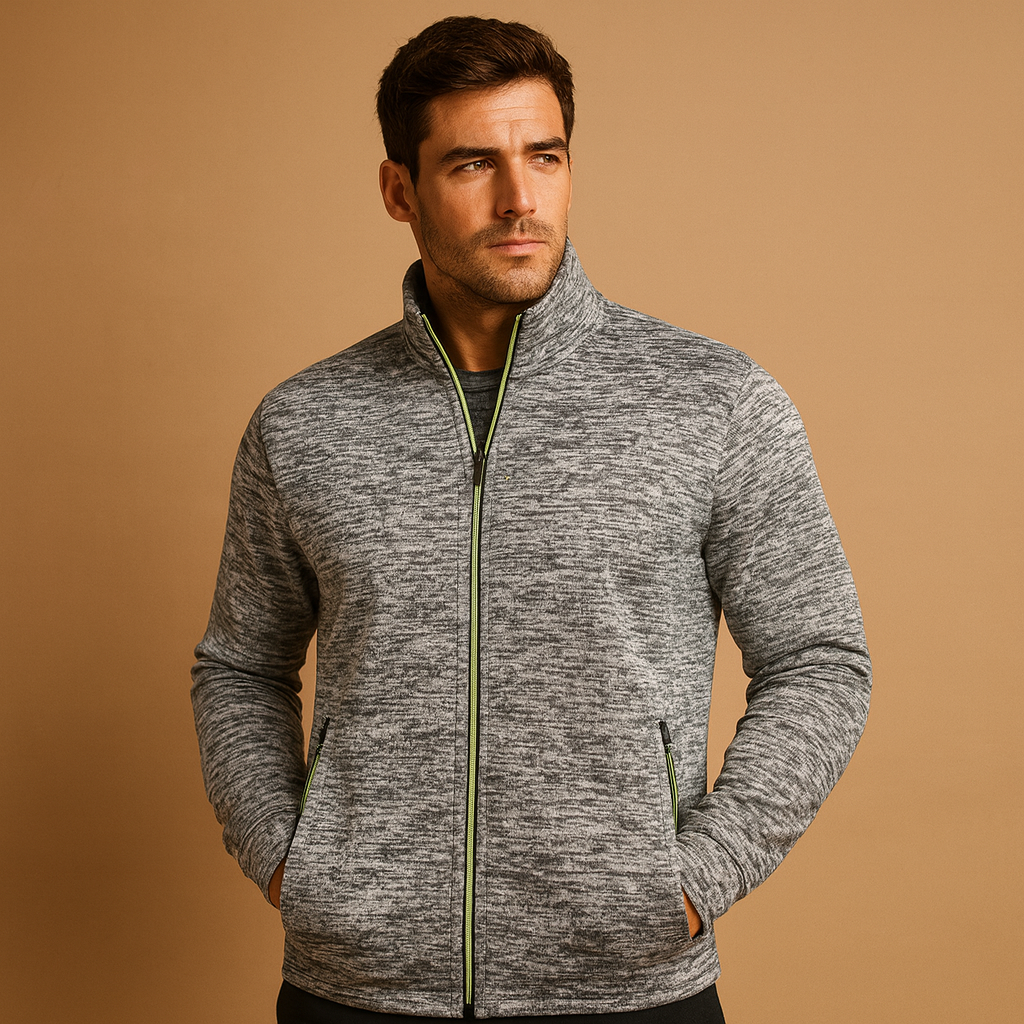 Men’s elegant zip cardigan with hidden pockets and hand-finished details, perfect for stylish comfort in business or casual settings.
