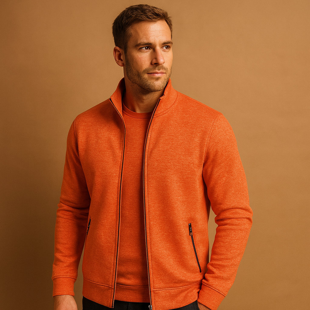 Men’s elegant zip cardigan with hidden pockets and hand-finished details, perfect for stylish comfort in business or casual settings.