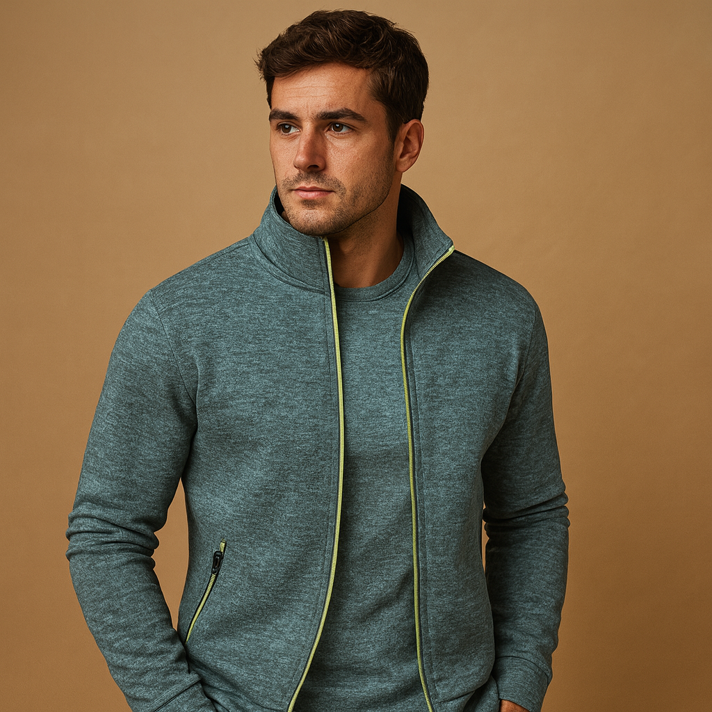 Men’s elegant zip cardigan with hidden pockets and hand-finished details, perfect for stylish comfort in business or casual settings.
