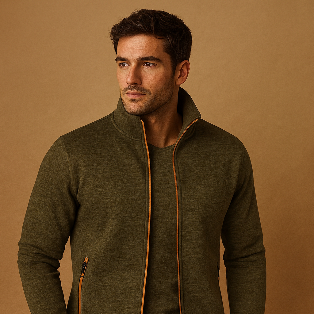 Men’s elegant zip cardigan with hidden pockets and hand-finished details, perfect for stylish comfort in business or casual settings.