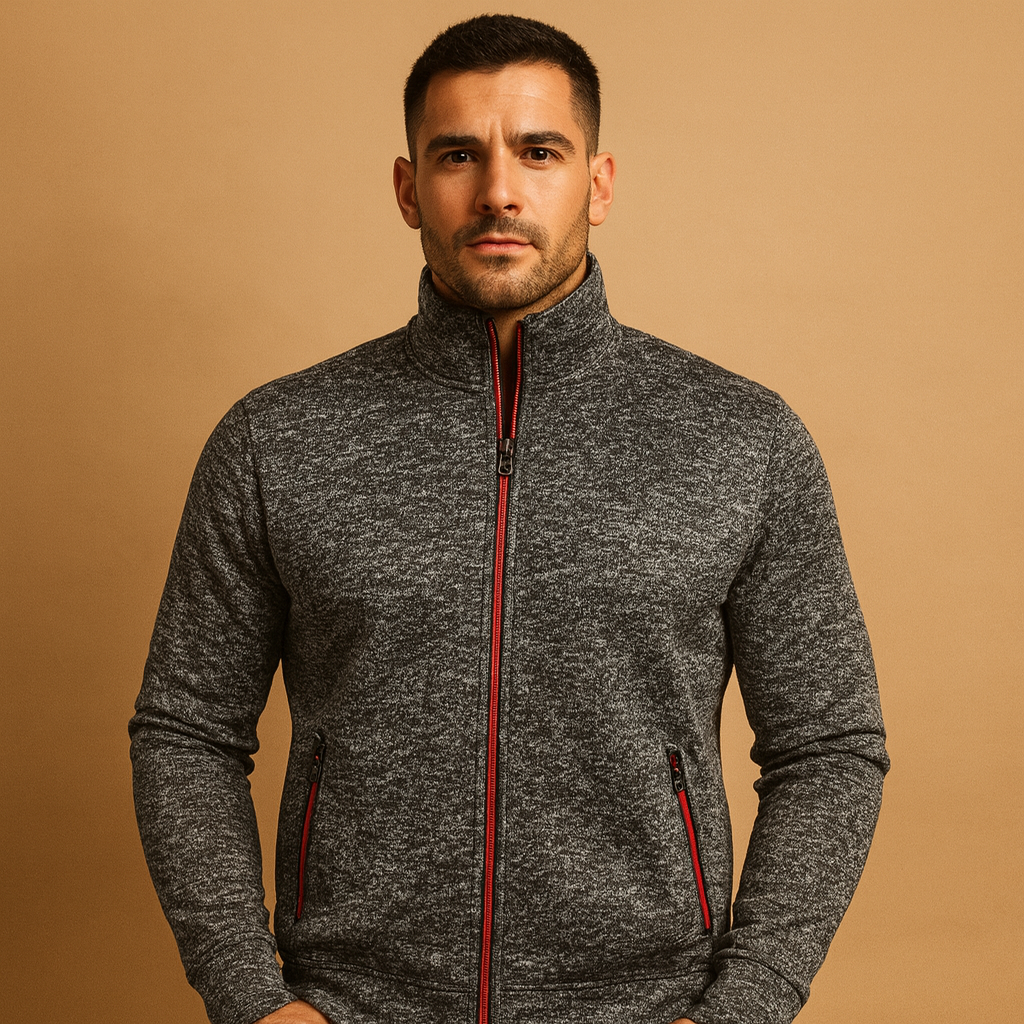 Men’s elegant zip cardigan with hidden pockets and hand-finished details, perfect for stylish comfort in business or casual settings.