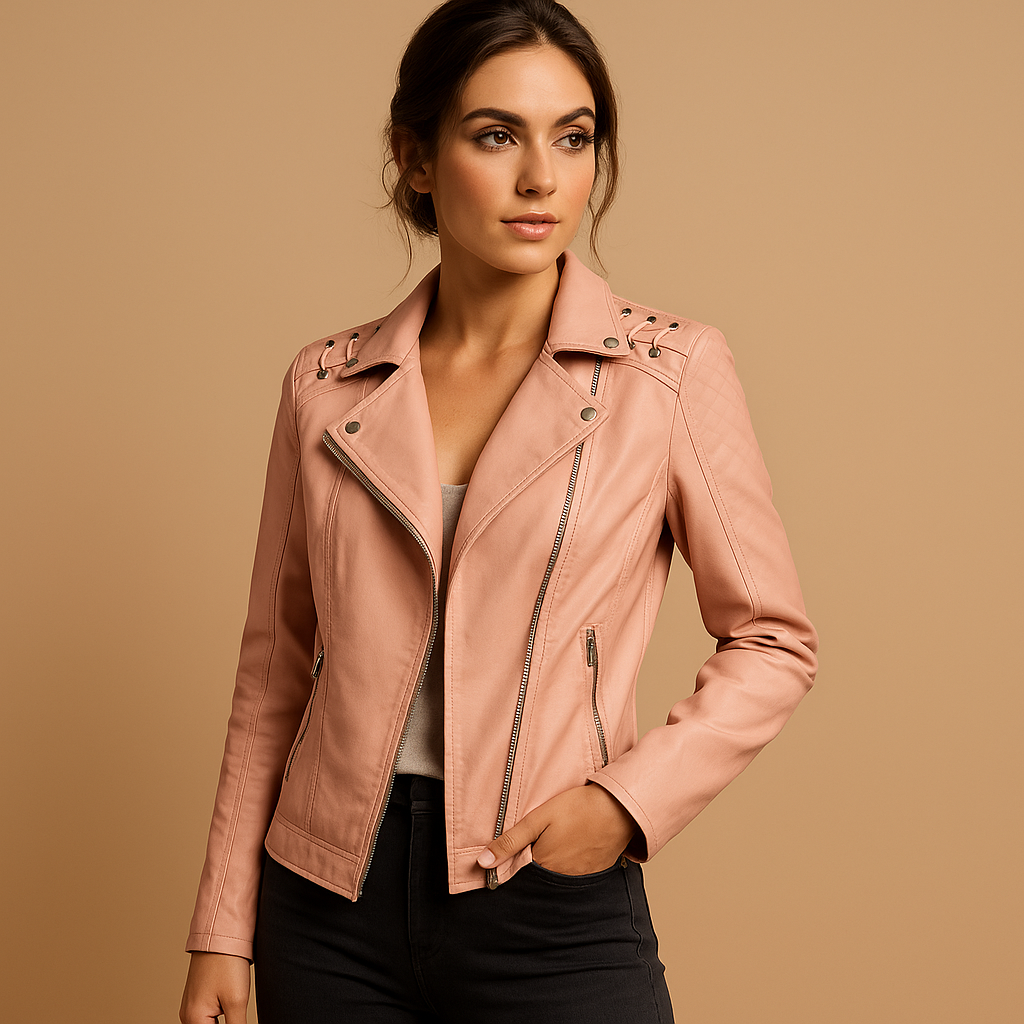 Women’s faux leather jacket with tailored fit, stand-up collar, and silver zipper with studs. Available in Black and Beige for casual or elegant outfits.