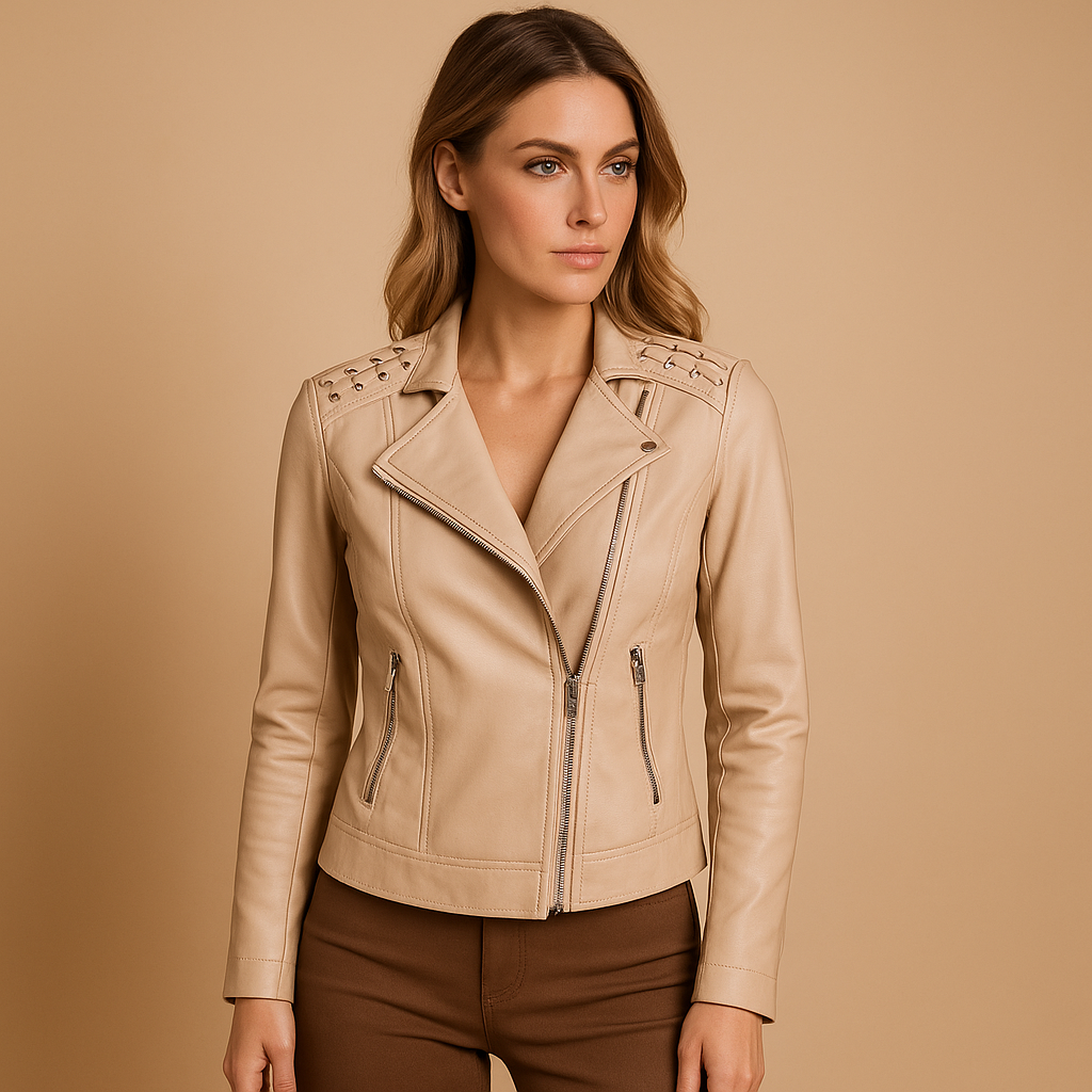 Women’s faux leather jacket with tailored fit, stand-up collar, and silver zipper with studs. Available in Black and Beige for casual or elegant outfits.