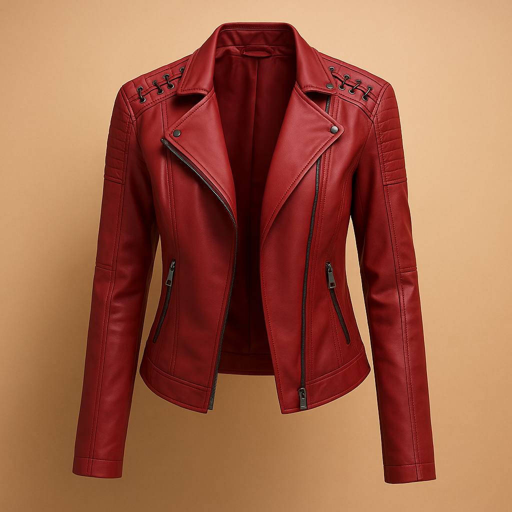Women’s faux leather jacket with tailored fit, stand-up collar, and silver zipper with studs. Available in Black and Beige for casual or elegant outfits.