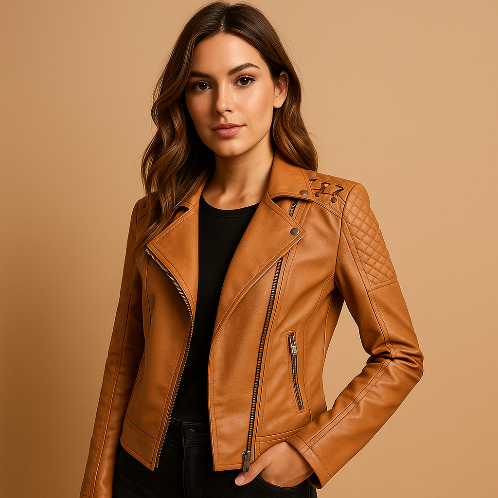 Women’s faux leather jacket with tailored fit, stand-up collar, and silver zipper with studs. Available in Black and Beige for casual or elegant outfits.