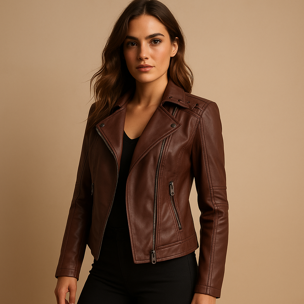 Women’s faux leather jacket with tailored fit, stand-up collar, and silver zipper with studs. Available in Black and Beige for casual or elegant outfits.