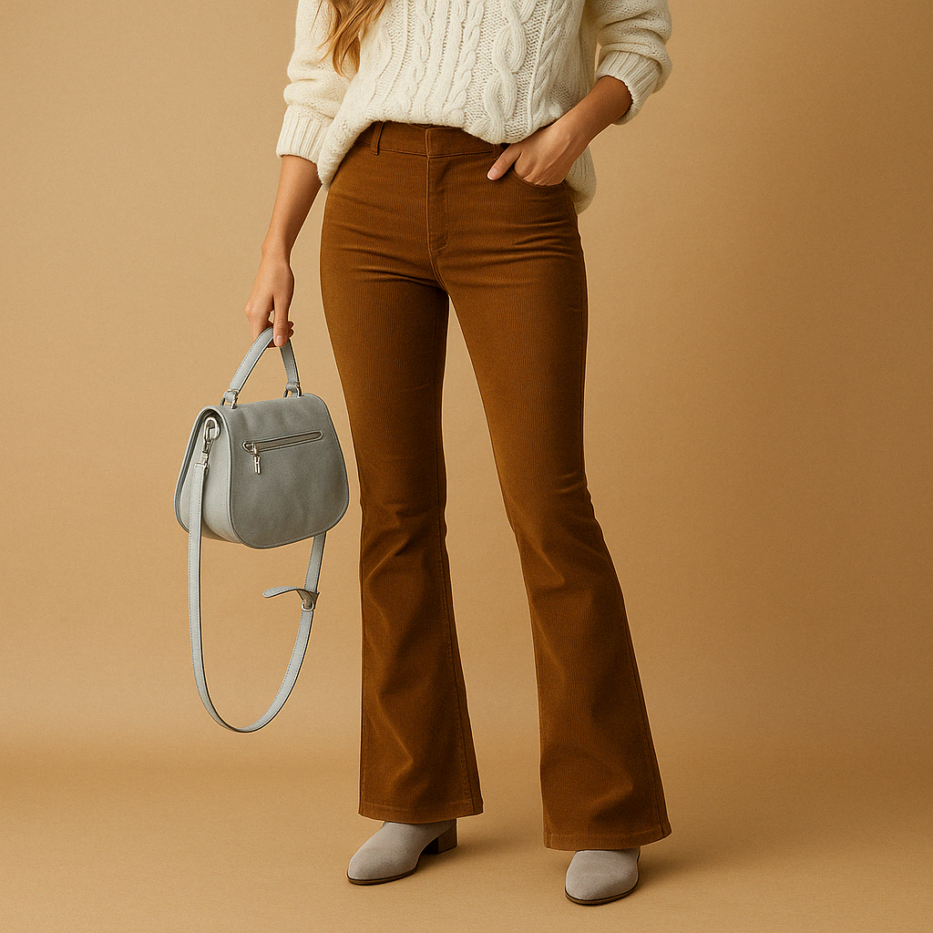 Flared corduroy trousers for women with soft ribbed fabric, available in multiple colours for casual or semi-formal styling.