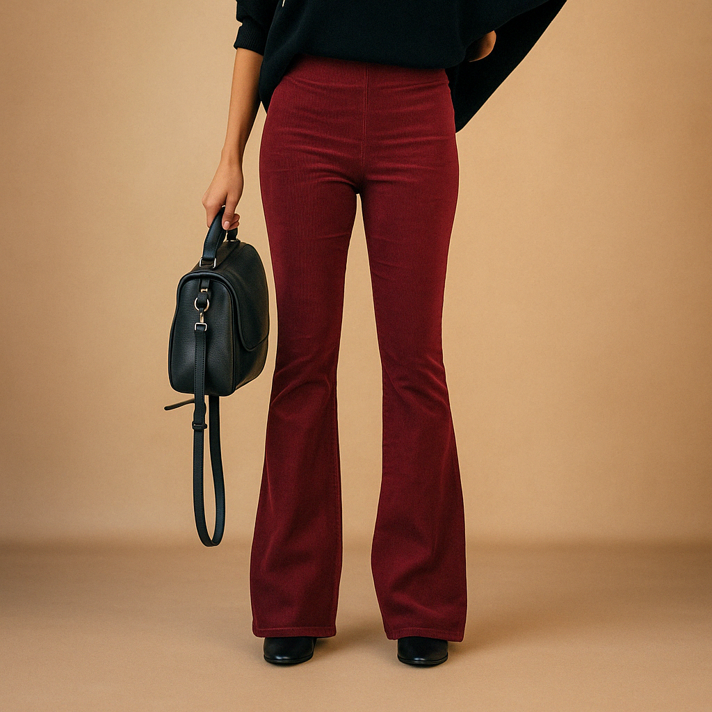 Flared corduroy trousers for women with soft ribbed fabric, available in multiple colours for casual or semi-formal styling.