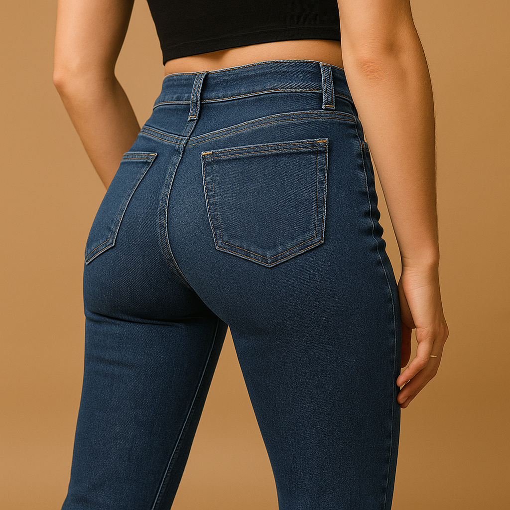 Flared high-waist jeans for women in classic denim blue with a retro-inspired design and flattering silhouette.