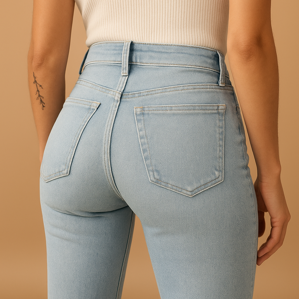 Flared high-waist jeans for women in classic denim blue with a retro-inspired design and flattering silhouette.