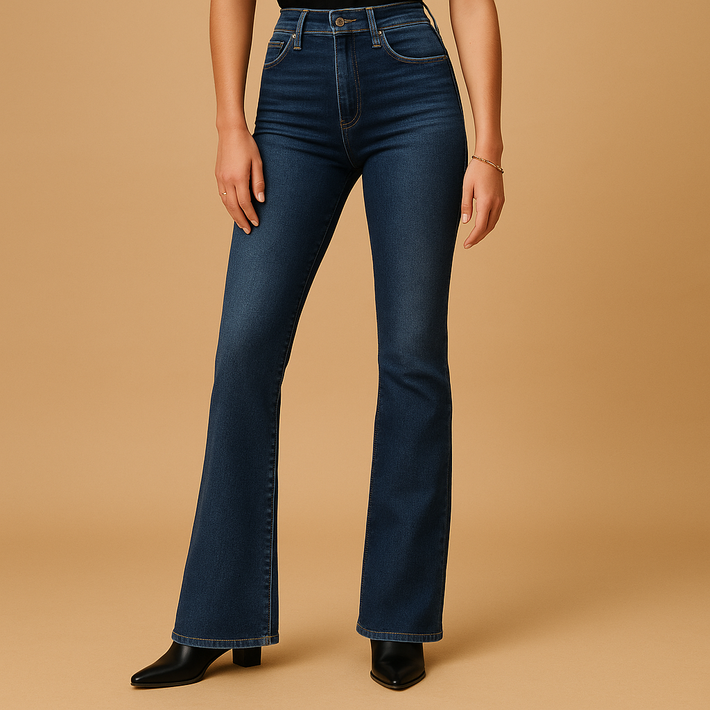 Flared high-waist jeans for women in classic denim blue with a retro-inspired design and flattering silhouette.