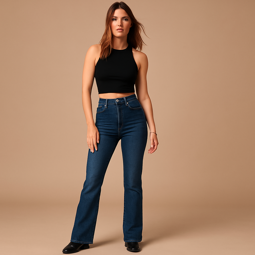 Flared high-waist jeans for women in classic denim blue with a retro-inspired design and flattering silhouette.