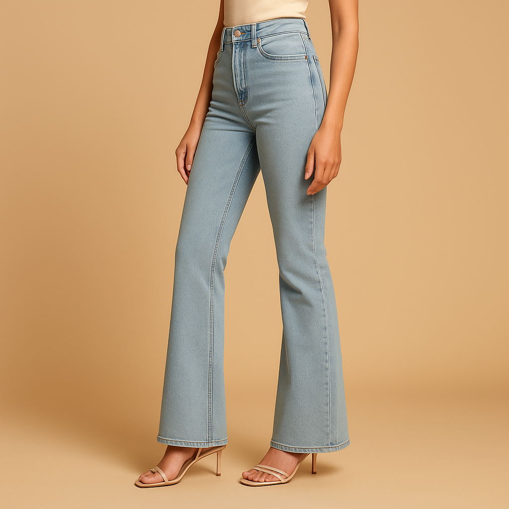 Flared high-waist jeans for women in classic denim blue with a retro-inspired design and flattering silhouette.