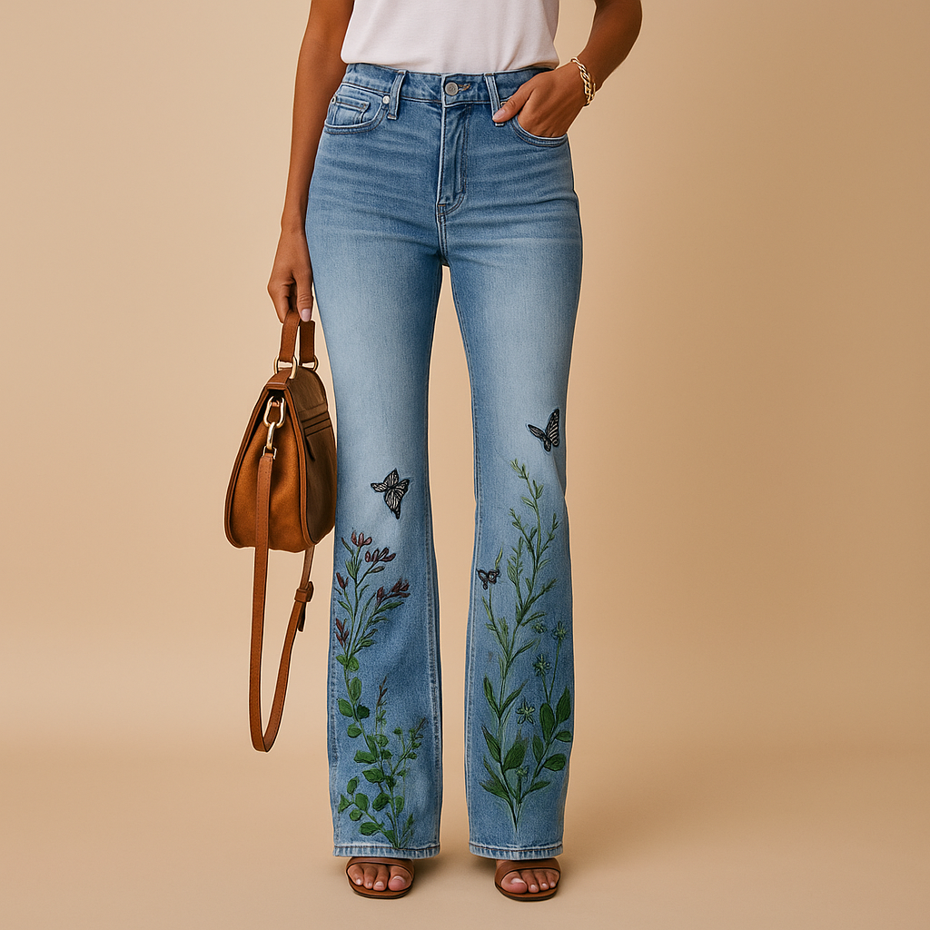 Flared printed jeans for women with floral and butterfly designs, made from soft breathable fabric and designed for relaxed warm-weather outfits.