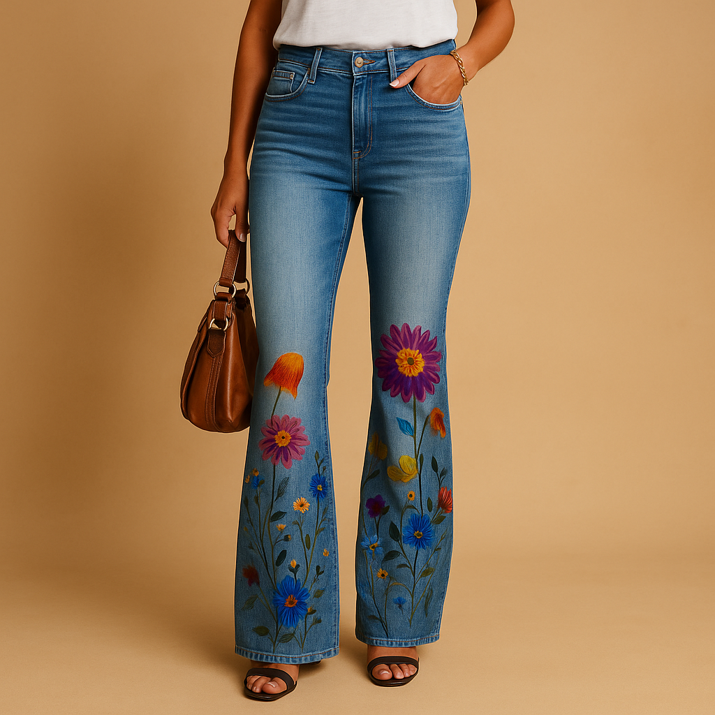 Flared printed jeans for women with floral and butterfly designs, made from soft breathable fabric and designed for relaxed warm-weather outfits.