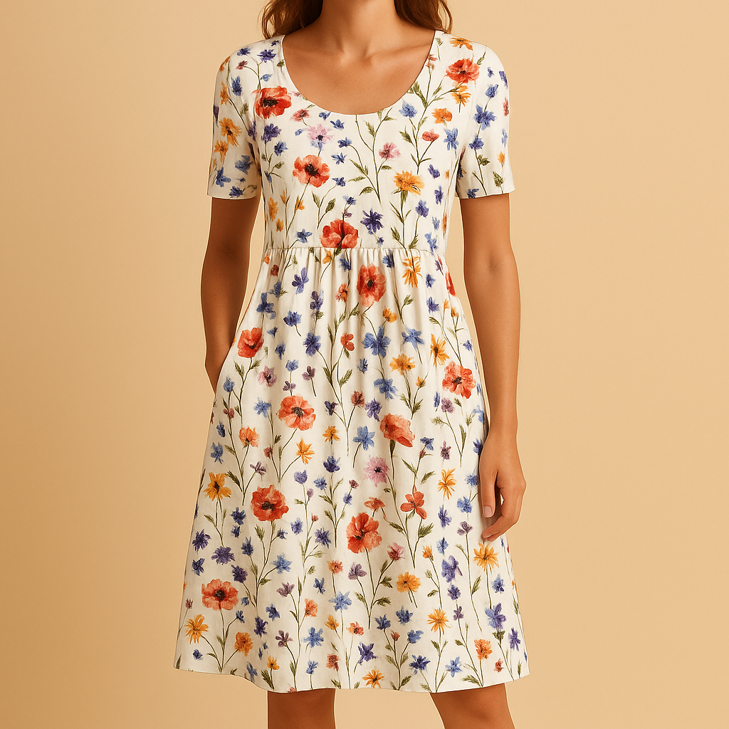 Women’s floral casual dress made from breathable cotton with an elegant flower pattern, ideal for warm days and casual occasions.