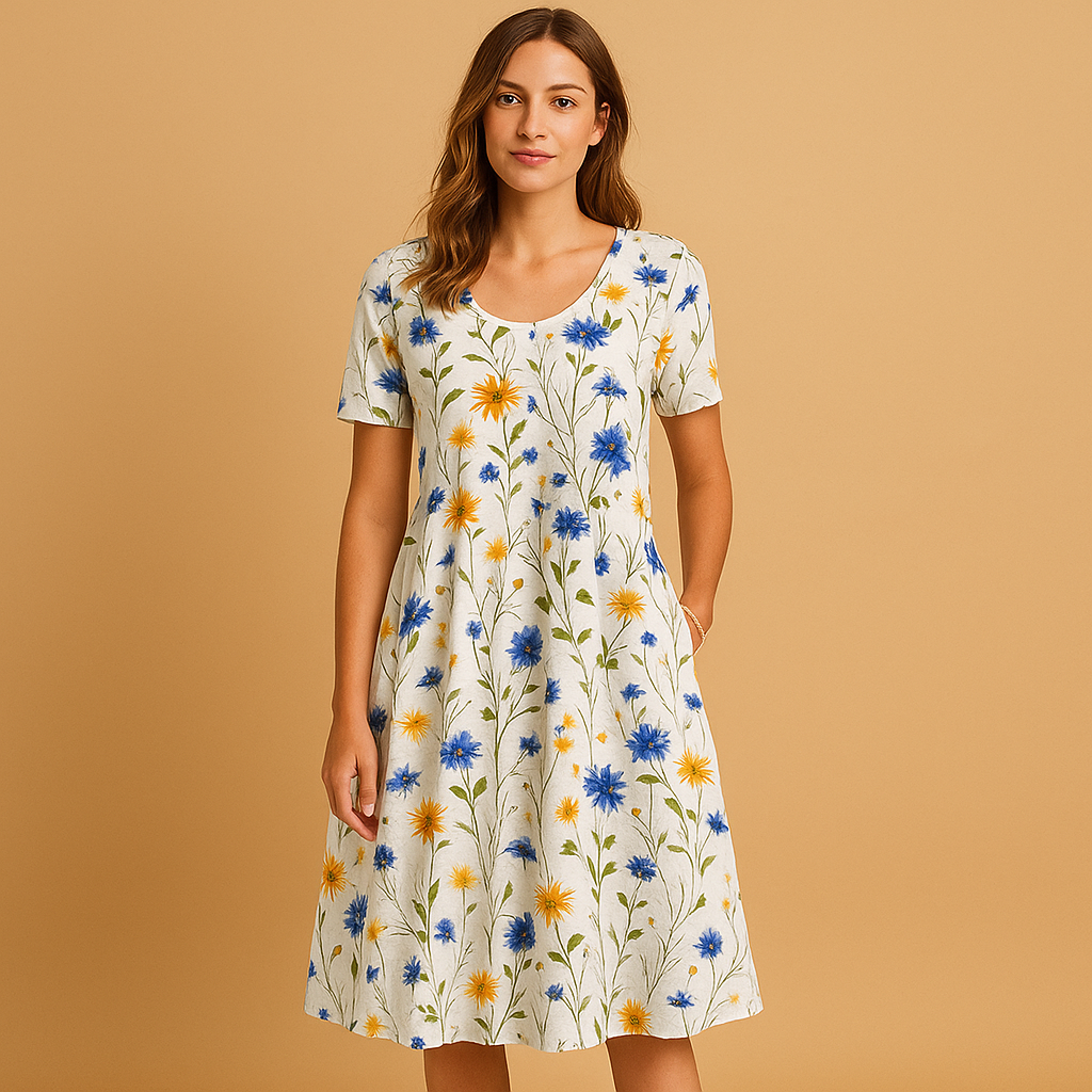 Women’s floral casual dress made from breathable cotton with an elegant flower pattern, ideal for warm days and casual occasions.
