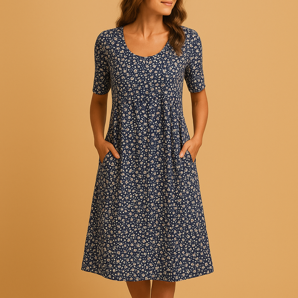 Women’s floral casual dress made from breathable cotton with an elegant flower pattern, ideal for warm days and casual occasions.