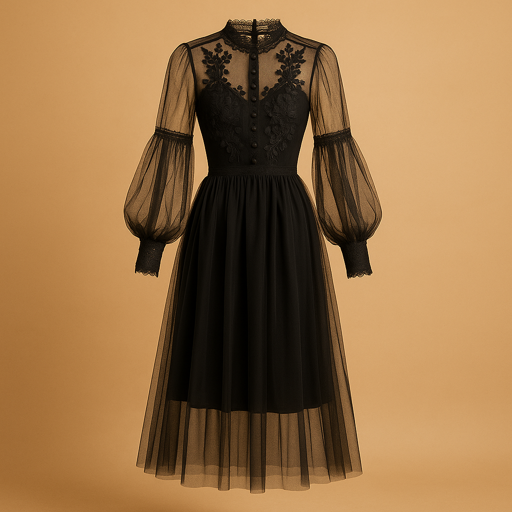 Floral long sleeve dress for women with high waist and lantern sleeves, perfect for elegant occasions or stylish everyday outfits.