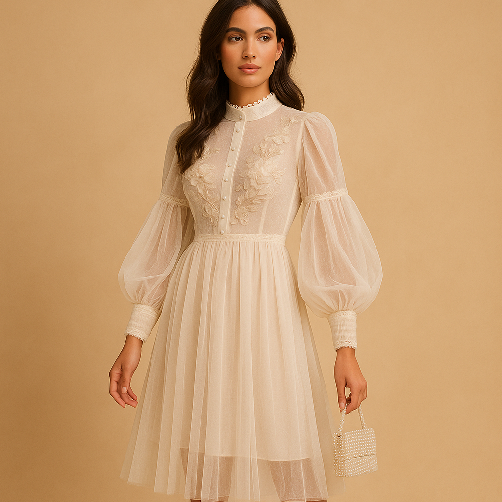 Floral long sleeve dress for women with high waist and lantern sleeves, perfect for elegant occasions or stylish everyday outfits.