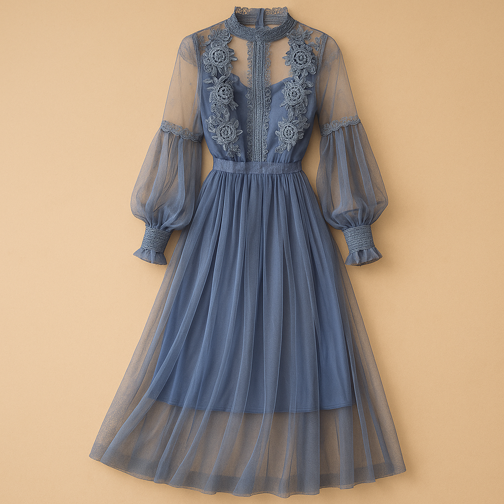 Floral long sleeve dress for women with high waist and lantern sleeves, perfect for elegant occasions or stylish everyday outfits.