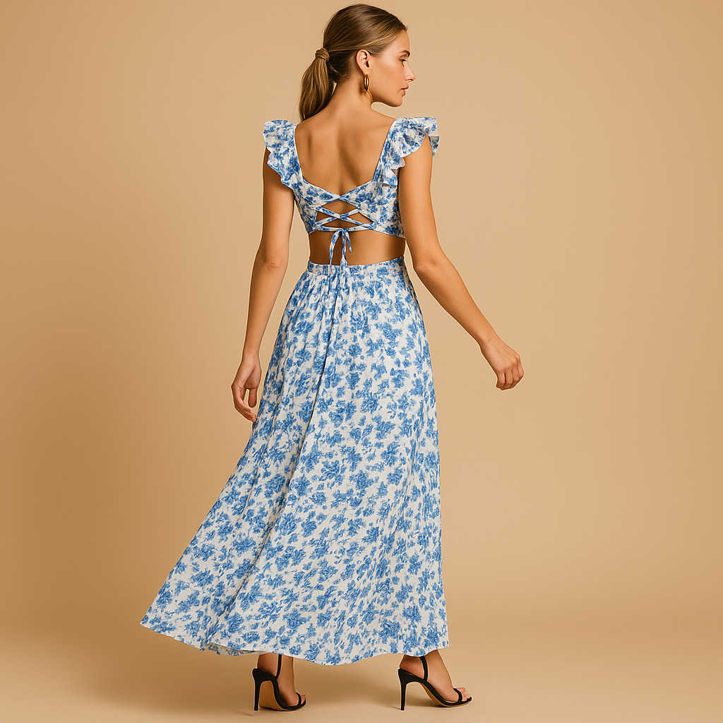 Floral maxi dress with ruffles and deep V-neck for women, featuring a cut-out waist and high slit — ideal for parties, weddings, and summer events.