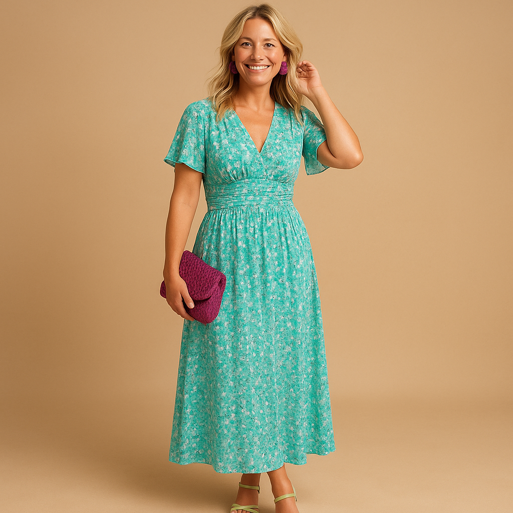 Elegant floral maxi summer dress for women with V-neckline and flowy fit, perfect for warm days, breezy evenings, and summer events.