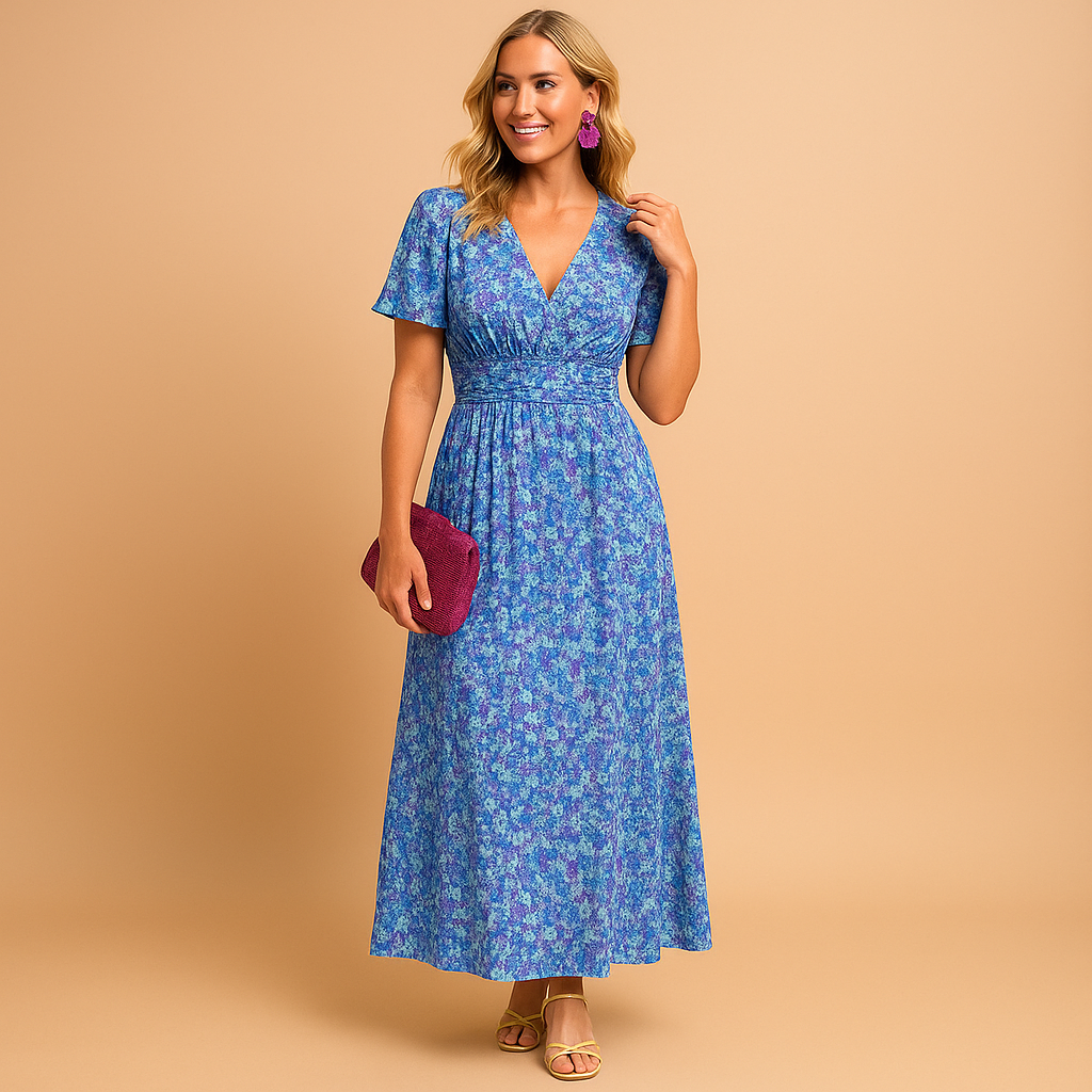 Elegant floral maxi summer dress for women with V-neckline and flowy fit, perfect for warm days, breezy evenings, and summer events.
