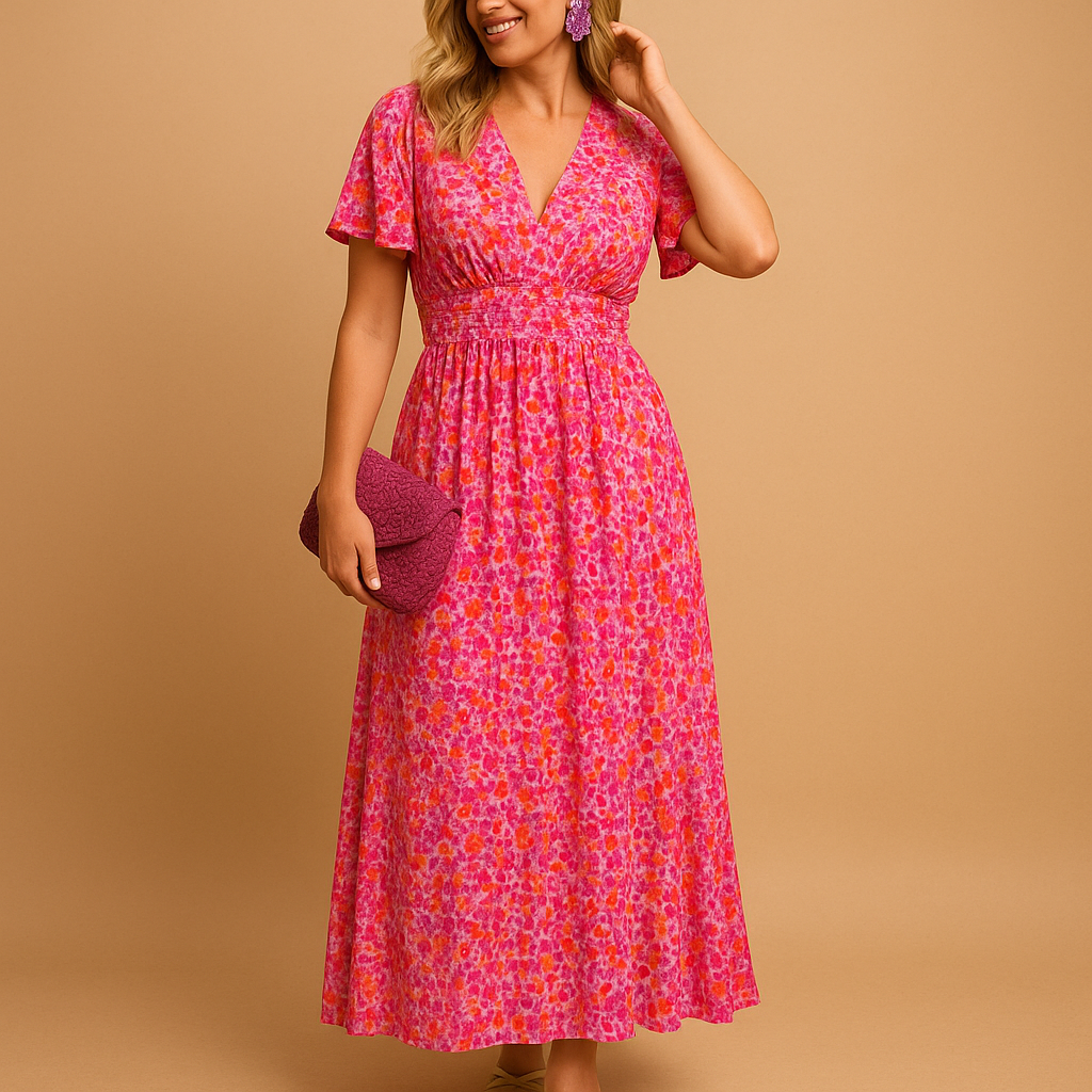 Elegant floral maxi summer dress for women with V-neckline and flowy fit, perfect for warm days, breezy evenings, and summer events.