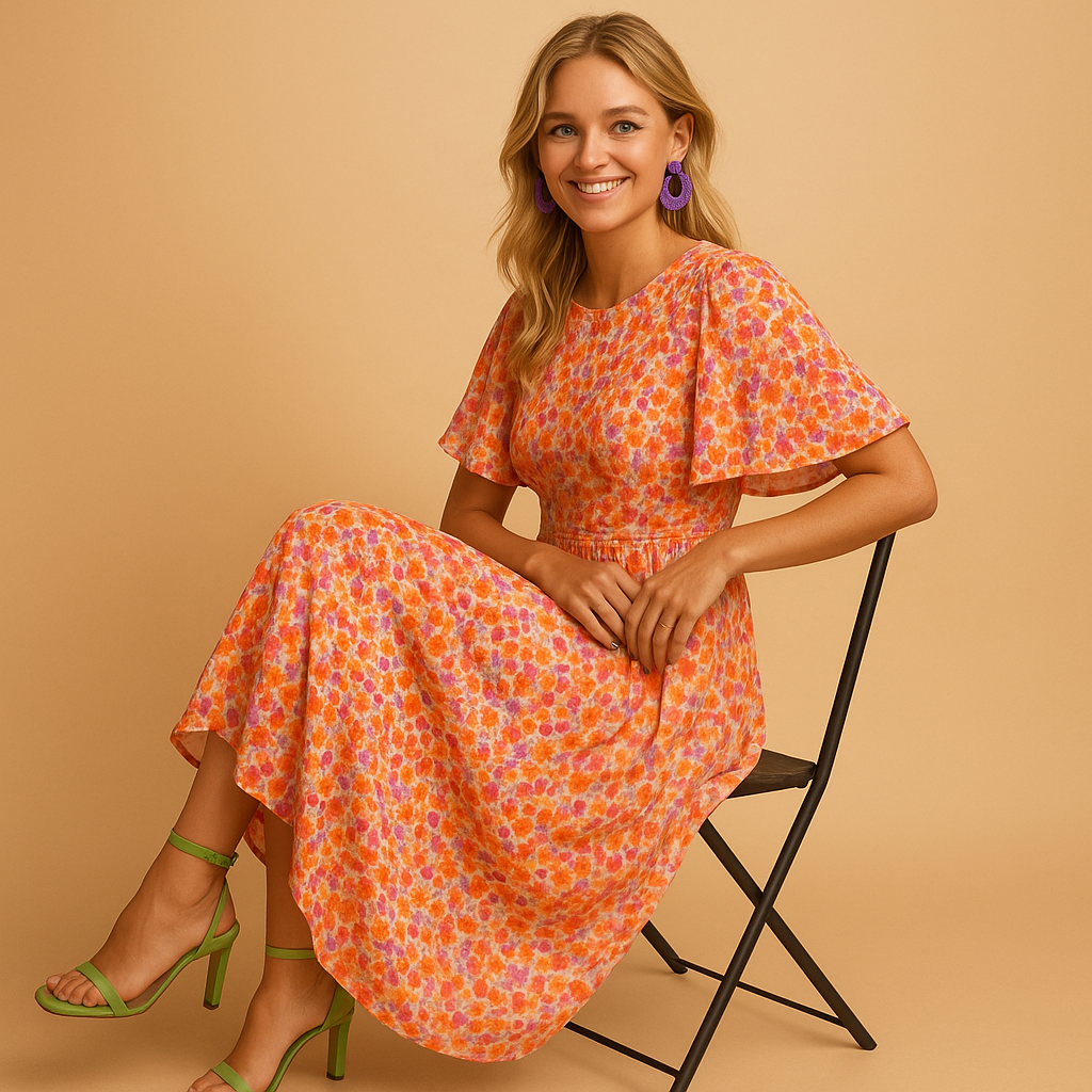 Elegant floral maxi summer dress for women with V-neckline and flowy fit, perfect for warm days, breezy evenings, and summer events.